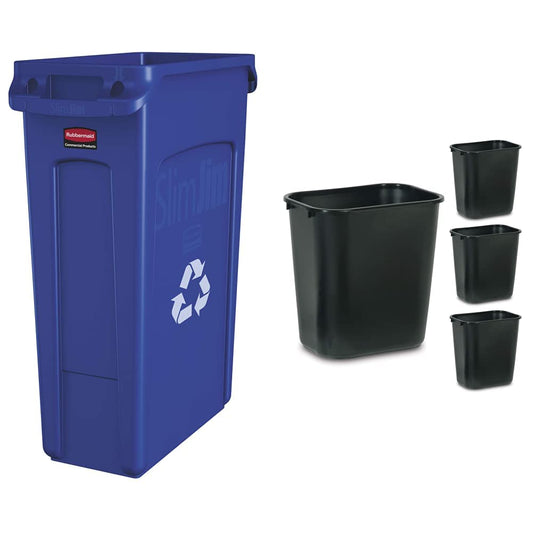 Rubbermaid Commercial Products Slim Jim Plastic Rectangular Recycling Bin & Plastic Resin Wastebasket Trash Can for Bedroom Bathroom, Office, 7 Gallon/28 Quart, Black (Pack of 4)