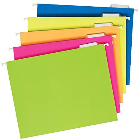 Pendaflex Glow Hanging File Folders, 1/5 Cut, 8 1/2in. x 11in, Letter Size, Assorted Colors, Box of 25, 81672
