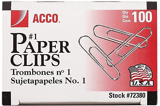 Acco 72380 Smooth Standard Paper Clips. Size 1. 100/Box. Silver. 10 Boxes/PK