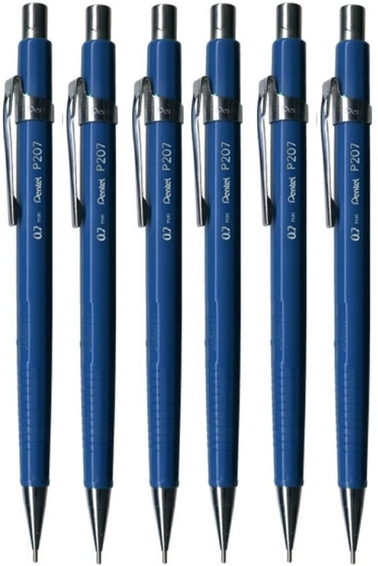 Pentel 0.7mm (P207-C) Blue P200 Series Automatic Mechanical Drafting Pencil Refillable Lead Eraser (Pack Of 6)
