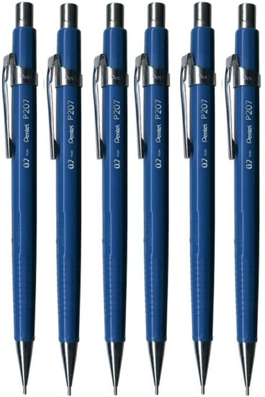 Pentel 0.7mm (P207-C) Blue P200 Series Automatic Mechanical Drafting Pencil Refillable Lead Eraser (Pack Of 6)