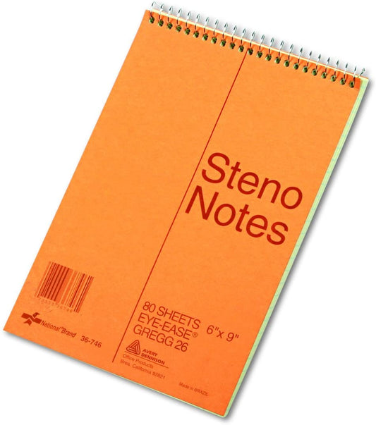 National Brown Board Cover Steno Notebook, Gregg Ruling, Green Eye-Ease Paper, 6" x 9", 80 Sheets (36746)