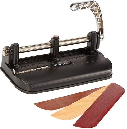 Swingline 2-7 Hole Punch, Adjustable, Heavy Duty Hole Puncher, 40 Sheet Punch Capacity, Chrome/Black/Woodgrain (74400)