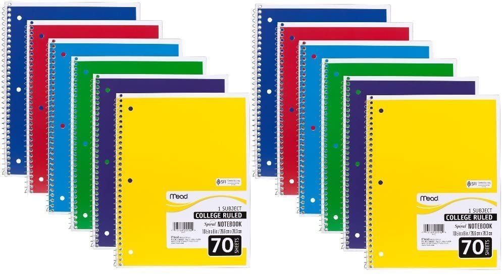Mead Spiral Notebook. College Ruled. 1 Subject. 70 Sheets. 7.5" x 10.5". Assorted Colors. 24 Pack