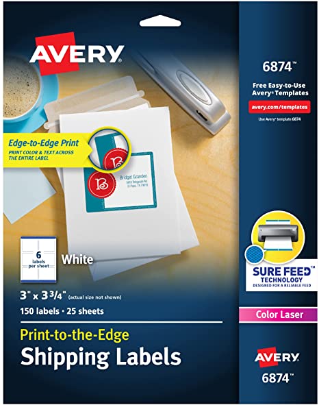 Avery Shipping Labels with Sure Feed, Print-to-the-Edge, 3" x 3-3/4", 150 White Labels (6874)