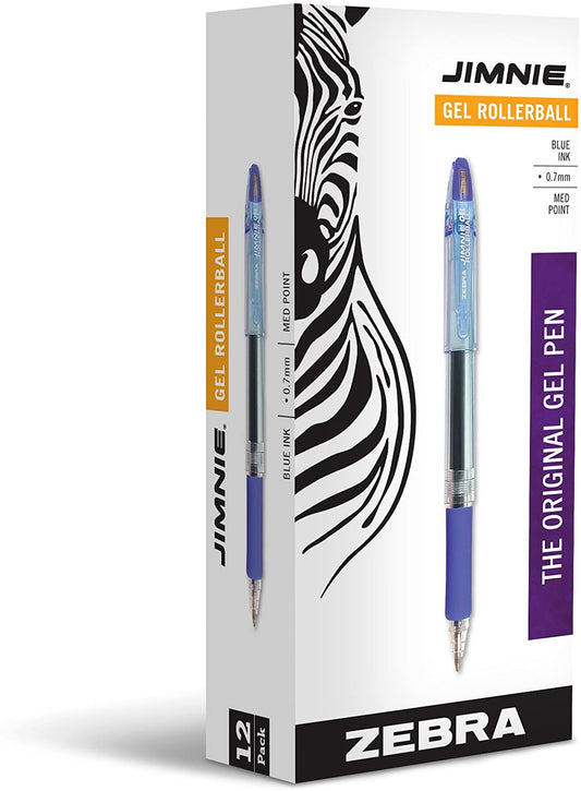 Zebra Pen Jimnie Roller Ball Stick Gel Pen, Blue Ink, Medium Point, 0.7mm, 12-Count (44120)