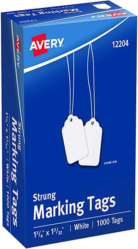 AVERY White Marking Tags Strung, Pack of 1000 (12204),,1 3/4 x 1 3/32