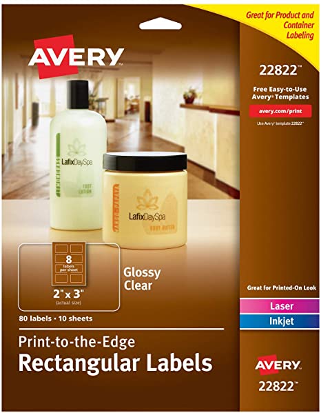 Avery Easy Peel Print-To-The-Edge Rectangle Labels, 2 x 3 Inches, Glossy Clear, Pack of 80 (22822)