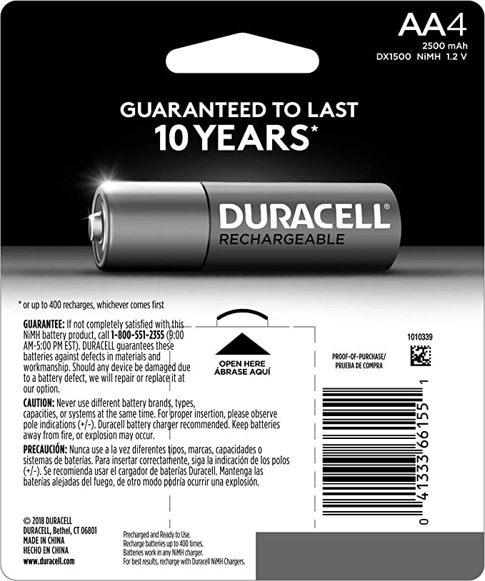 Duracell Rechargeable AA NiMH Batteries. MIGNON/HR6/DC1500. 2450mAh. 8-Count Package