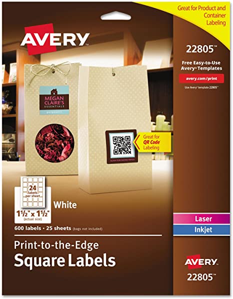 Avery Multipurpose Label 22805 Print to the Edge Square White 24 Per Sheet 600 Labels Total