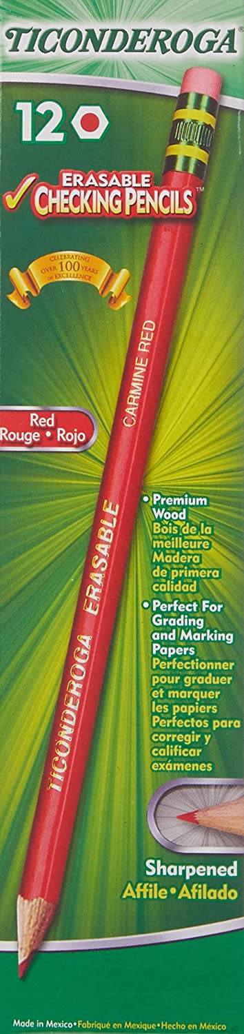 Ticonderoga Erasable Checking Pencils with Eraser. Pre-sharpened. Red. 12-Pack (14259)