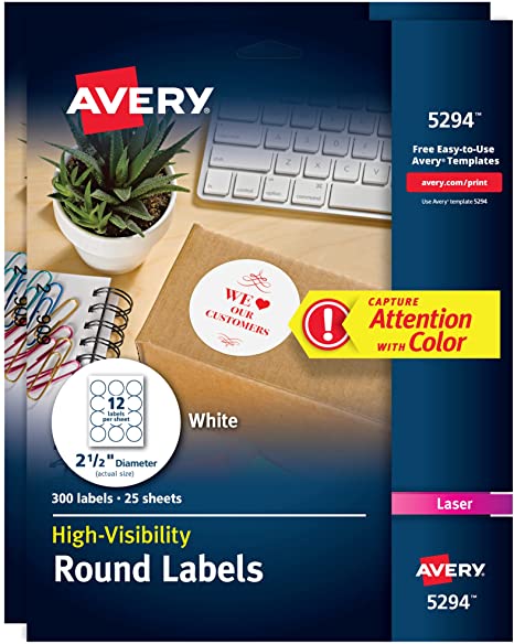Avery High Visibility Round Labels with Sure Feed for Laser Printers. 2-1/2". (45294).600 labels - 300 count (Pack of 2)