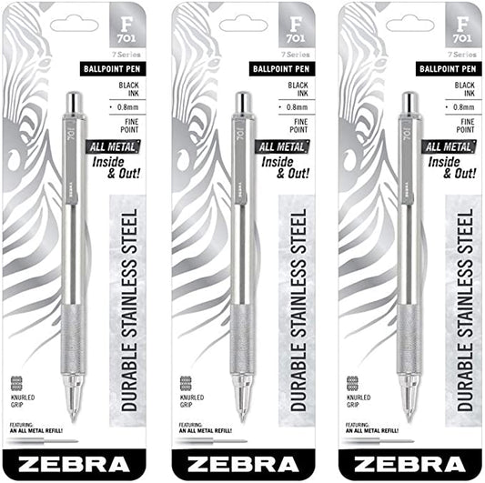 3 - Zebra F-701 Ballpoint Pens. Stainless Steel with Knurled Grip. Pk of 3 Pens