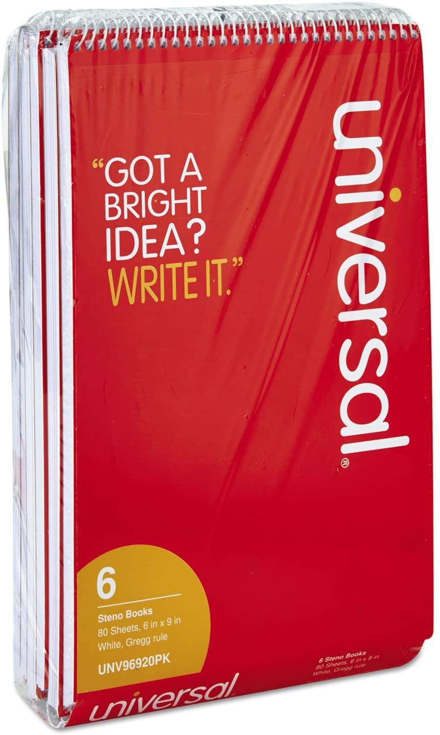 Universal 96920PK Steno Books. Gregg Rule. 6 x 9. White Sheets. 80/Pad. Red Cover. 6 Pads/Pack