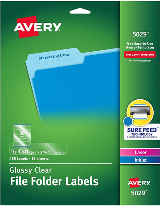 Avery 5029 Clear Self-Adhesive Filing Labels, 3-7/16 x 2/3, 15 sheets, 450 Labels