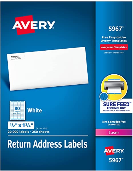 Avery Address Labels with Sure Feed for Laser Printers, 0.5" x 1.75", 20,000 Labels, Permanent Adhesive (5967), White