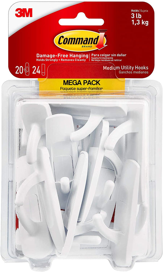 Command Medium Utility Hooks Mega Pack. White. 20-Hooks. 24-Strips. Organize Damage-Free