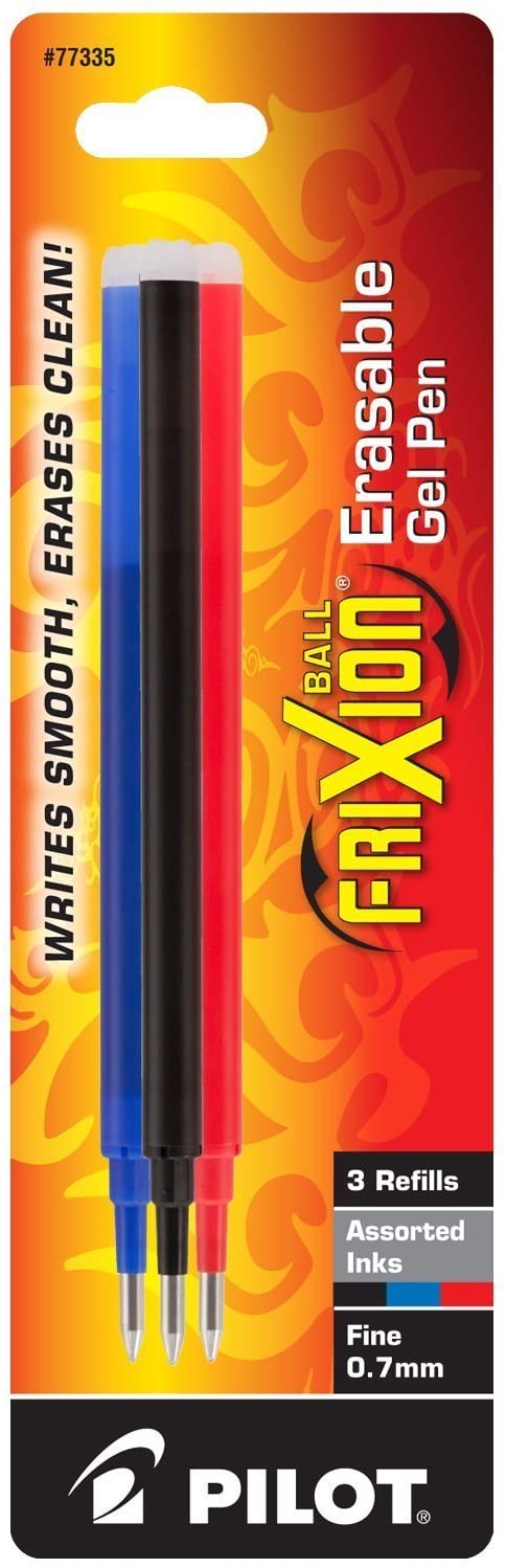 PILOT FriXion Gel Ink Refills for Erasable Pens, Fine Point, Black/Blue/Red Inks, 3-Pack (77335)