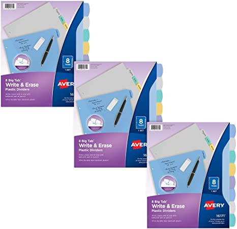 Avery Big Tab Write & Erase Durable Plastic Dividers for 3 Ring Binders. 8-Tab Sets. Pastel Multicolor. 3 Binder Divider Sets (31351)