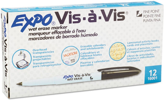 Expo Vis-a-Vis Wet-Erase Marker, Fine Point, Black Ink, Dozen (SAN16001)