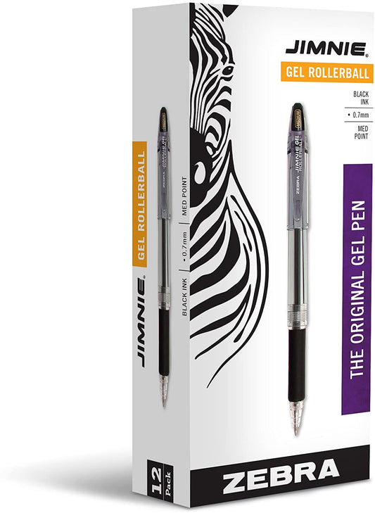 Zebra Pen Jimnie Roller Ball Stick Gel Pen, Black Ink, Medium Point, 0.7mm, 12-Count (44110)