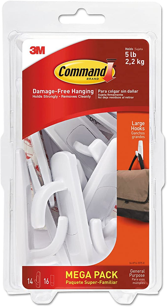 3M Command 17003Mpes General Purpose Hooks, Large, 5Lb Cap, White, 14 Hooks & 16 Strips/Pack