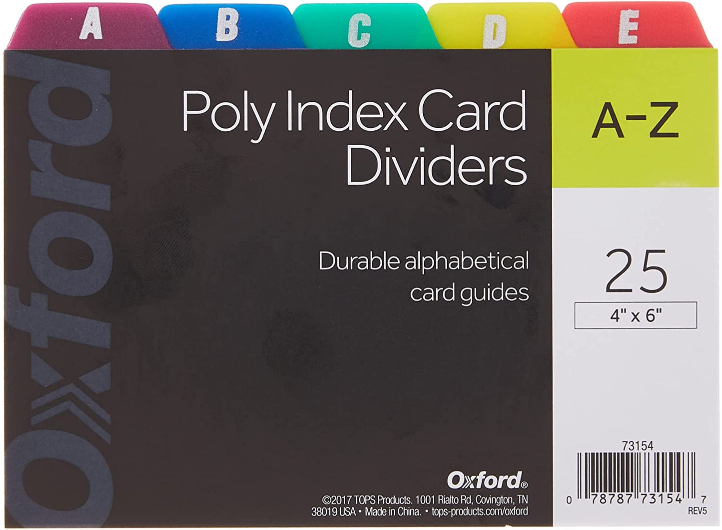 Oxford Poly Index Card Guides, Alphabetical, A-Z, Assorted Colors, 4" x 6" Size, 25 Guides per Set (73154)