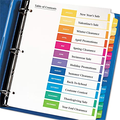 Avery Jan-Dec Tab Dividers for 3 Ring Binders. Customizable Table of Contents. Multicolor Tabs. 24 Sets(11127)