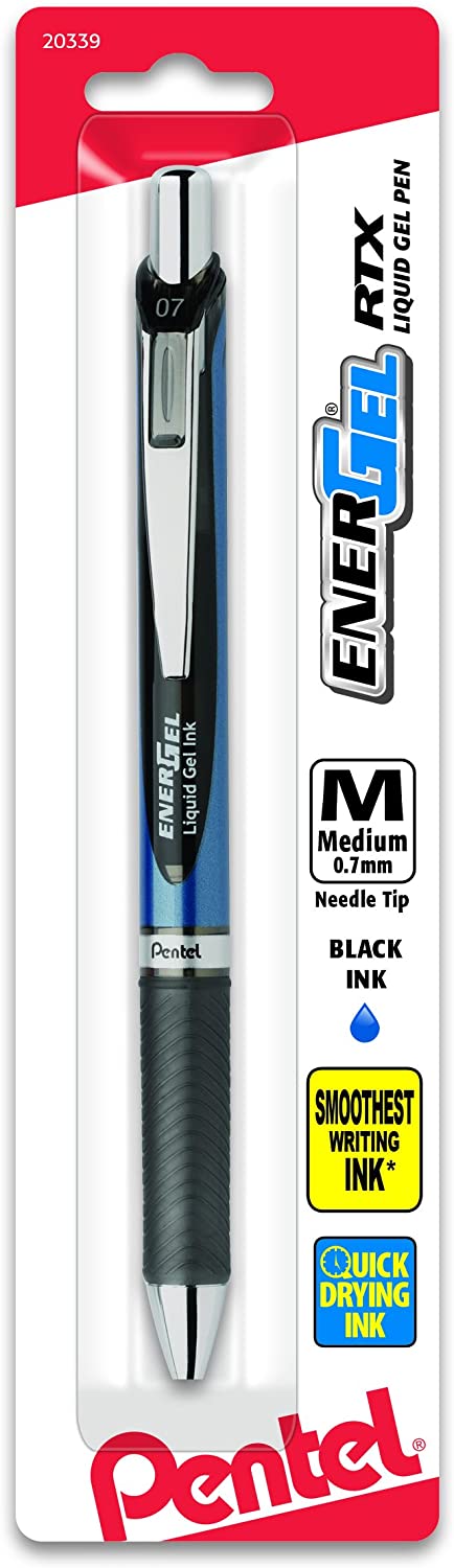 Pentel EnerGel Deluxe RTX Retractable Liquid Gel Pen, 0.7mm, Needle Tip, Black Ink, 1 Pack (BLN77BPA)