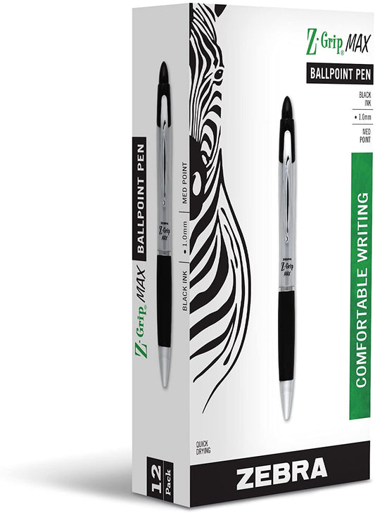 Zebra Pen Z-Grip MAX Retractable Ballpoint Pen, Medium Point, 1.0mm, Silver Barrel, Black Ink, 12 Pack
