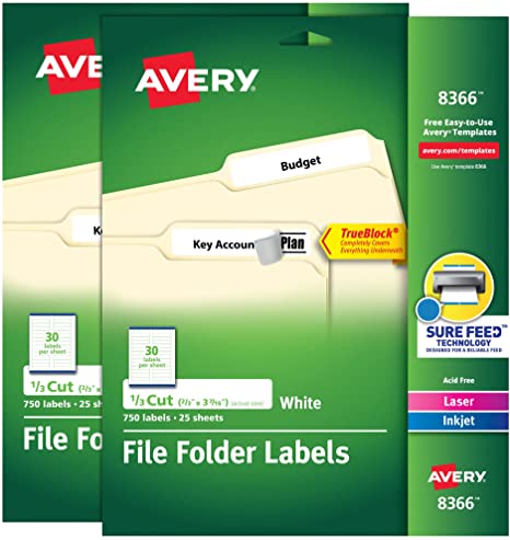 Avery File Folder Labels with TrueBlock Technology, Permanent Adhesive, 2/3" x 3-7/16", Laser/Inkjet, 2-Pack, 1,500 Labels Total (38366)