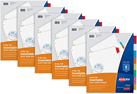 Avery Big Tab Extra-Wide Insertable Dividers for 3 Ring Binders. 8-Tab Set. Multicolor. 6 Sets (21211)
