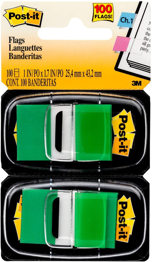 Post-it Standard Page Flags in Dispenser 1in Wide. Green 100 Flags. 680-GN2