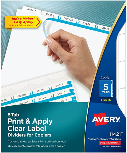 Avery 5-Tab Binder Dividers, Easy Peel Clear Labels for Copiers, Index Maker, White Tabs, 5 Sets (11421)