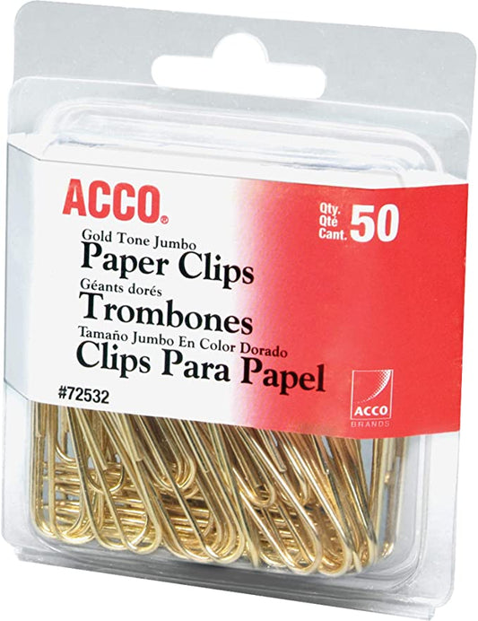 ACCO Paper Clips. Jumbo. Smooth. Gold. 50 Clips/Box (72532)