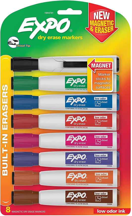 EXPO Magnetic Dry Erase Markers with Eraser, Chisel Tip, Assorted Colors, 8-Count