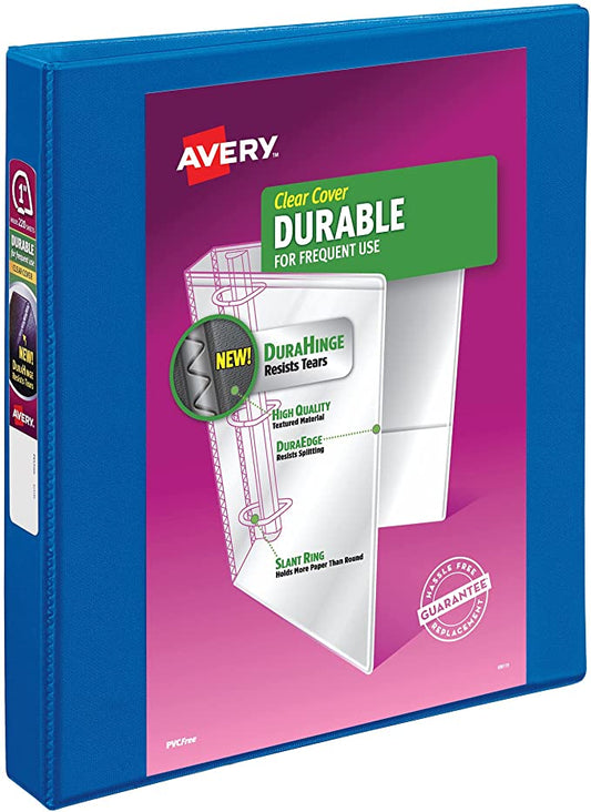 Avery Durable View Binder. 1 Inch Slant Rings. 220-Sheet Capacity. DuraHinge. Blue (17014)