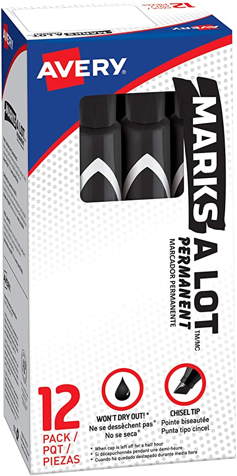 AVERY Marks-a-lot Permanent Markers. Large Desk-Style Size. Chisel Tip. Water and Wear Resistant. 12 Black Markers (08888)