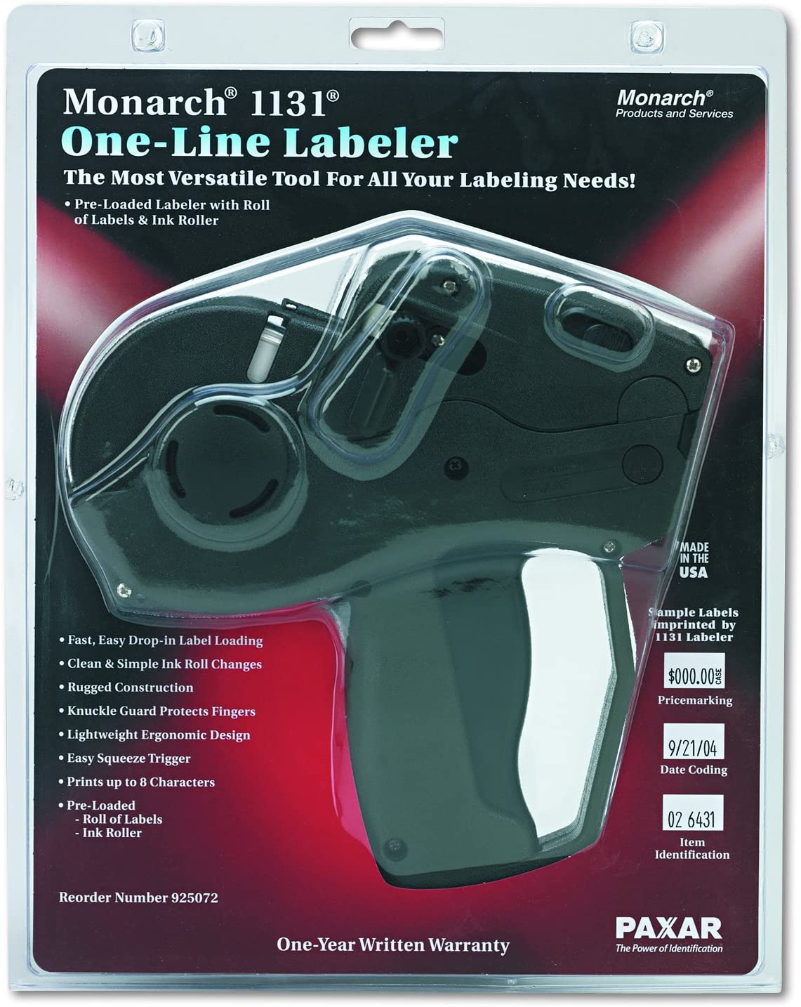 Monarch 925072 Pricemarker. Model 1131. 1 Line. 8 Characters/Line. 7/16 x 7/8 Inches. Label Size.Black
