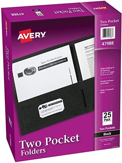 Avery Two Pocket Folders, Holds up to 40 Sheets, Business Card Slot, 25 Black Folders (47988)