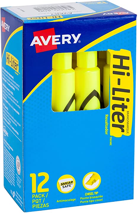 Avery Hi-Liter Desk-Style Highlighters. Smear Safe Ink. Chisel Tip. 12 Fluorescent Yellow Highlighters (24000)