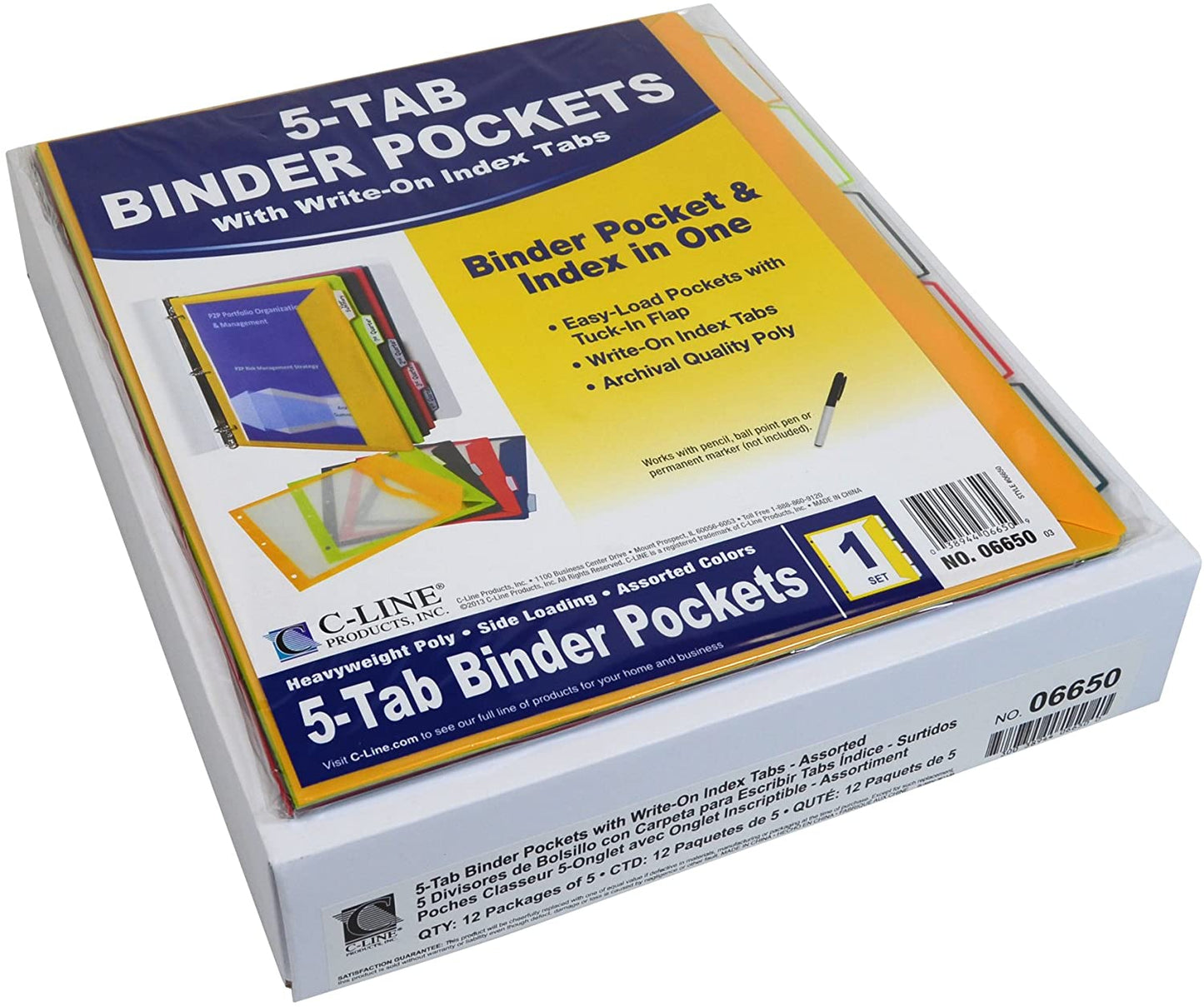 C-Line 5-Tab Binder Pockets with Write-On Index Tabs, Assorted Colors, 8.5 x 11 Inches, 5 Pockets per Set (06650)