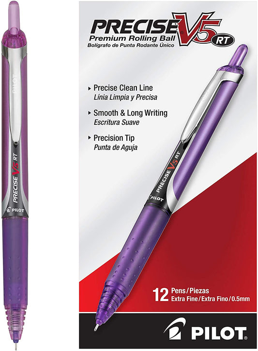 PILOT Precise V5 RT Refillable & Retractable Liquid Ink Rolling Ball Pens. Extra Fine Point (0.5mm) Purple Ink. 12-Pack (26066)