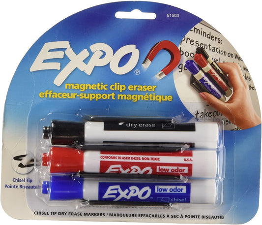 EXPO 81503 Magnetic Low Odor Markers. Chisel Tip. Assorted Colors. 3-Count with Magnetic Clip