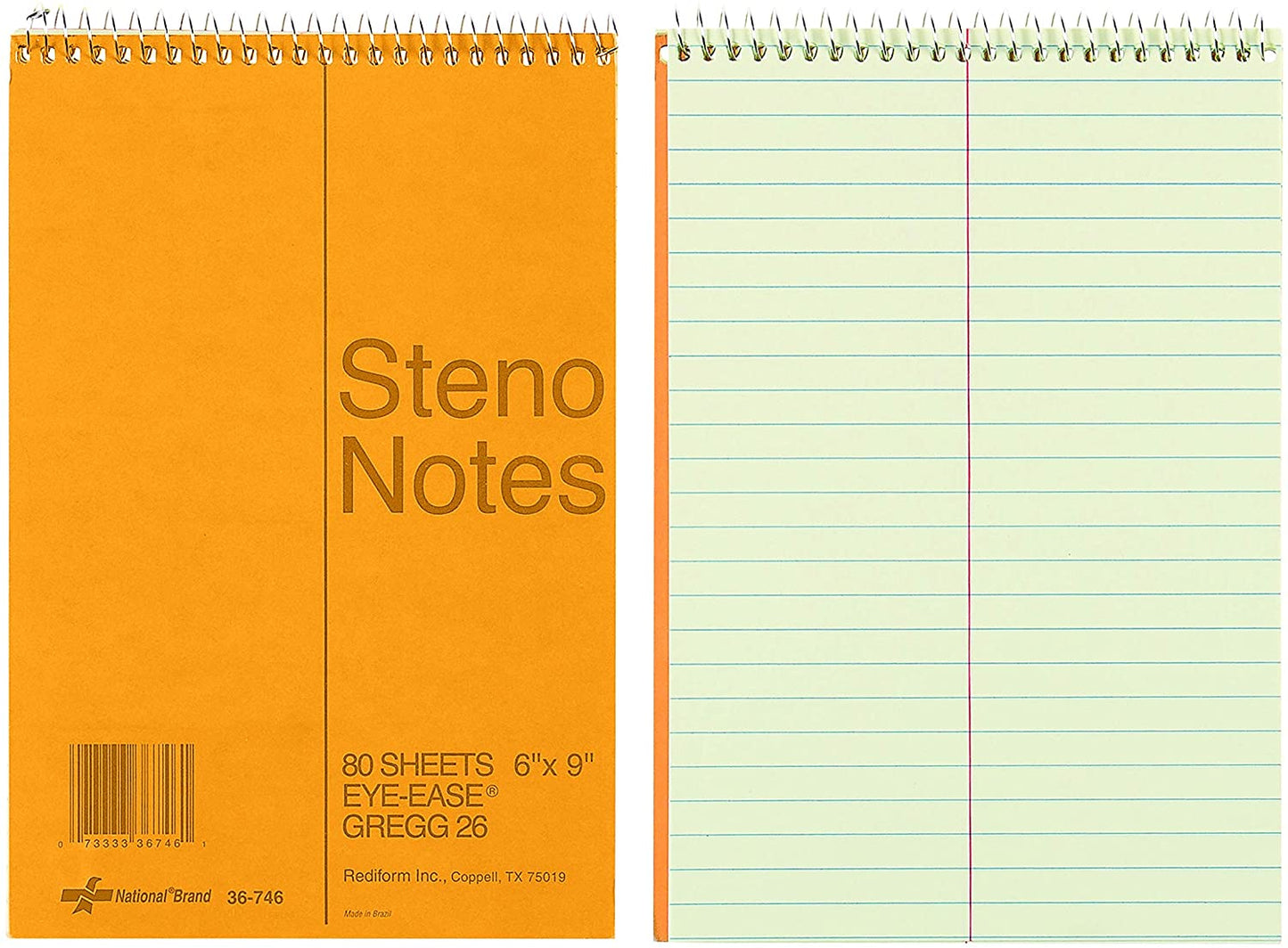 National Brown Board Cover Steno Notebook, Gregg Ruling, Green Eye-Ease Paper, 6" x 9", 80 Sheets (36746)