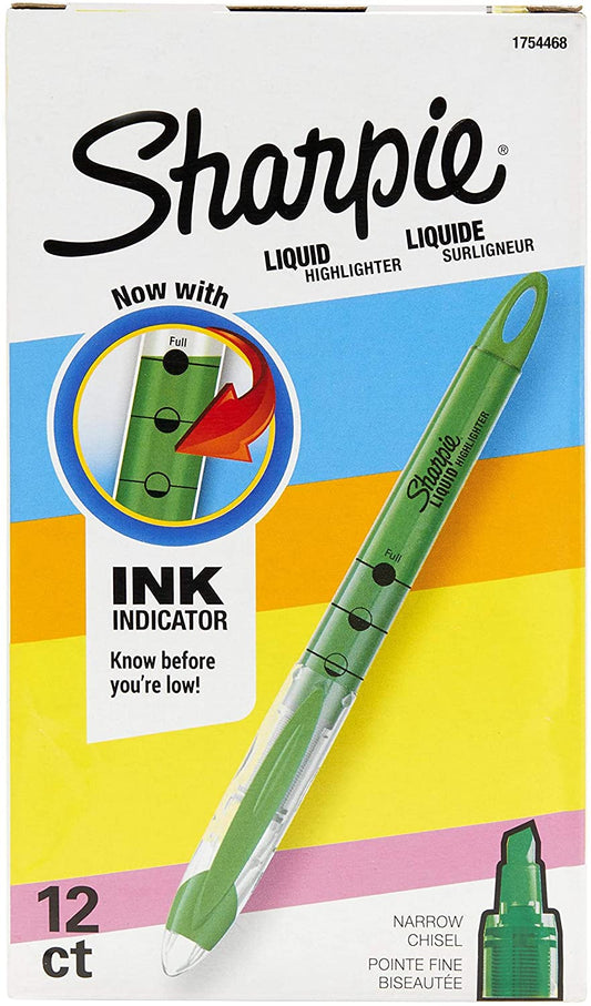 Sharpie Liquid Highlighters. Chisel Tip. Fluorescent Green. Box of 12
