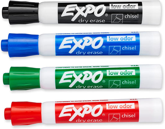 EXPO 80074 Low-Odor Dry Erase Markers. Chisel Tip. Assorted Colors. 4-Count
