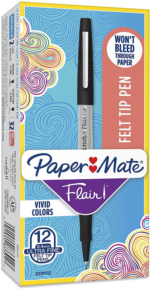 Paper Mate Flair Felt Tip Pens. Ultra Fine Point (0.4mm). Black. 12 Count