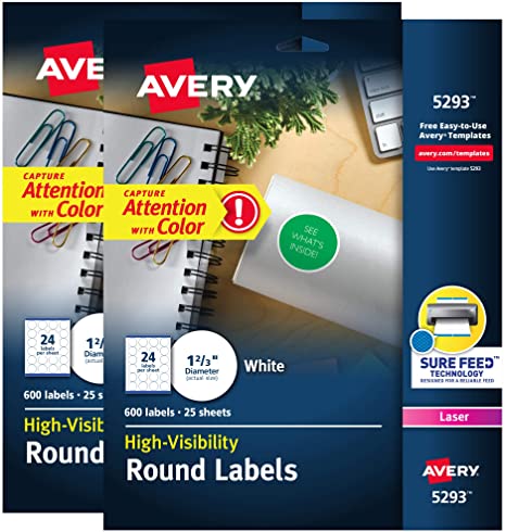 Avery White High Visibility Round Labels with Sure Feed. Permanent. 1-2/3". 2 Pack. 1.200 Labels Total (32135)