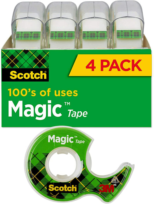 Scotch Magic Tape. 4 Rolls. Numerous Applications. Invisible. Engineered for Repairing. 3/4 x 300 Inches. Boxed